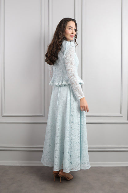 طقم فستان وجاكيت مع اكسسوار شنطة -ازرق