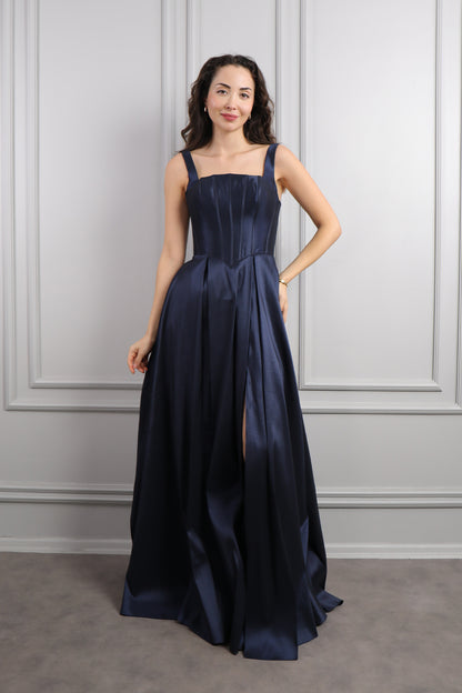 فستان سهرة بياقة مربعة بتفصيل كورسيه وفتحة جانبية -كحلي