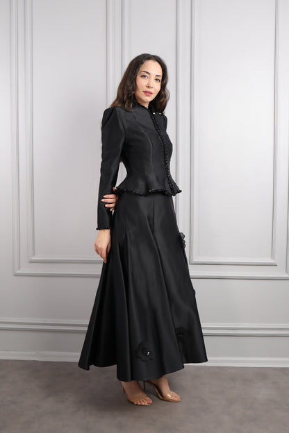 طقم فستان وجاكيت مزين بالخرز والورود -اسود