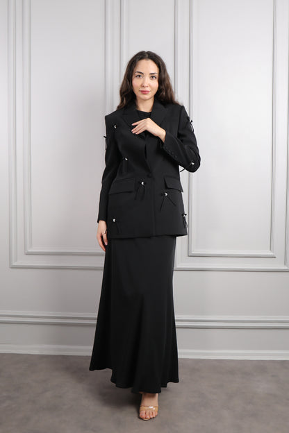 طقم تنورة وتوب وجاكيت بزينة فيونكات -اسود