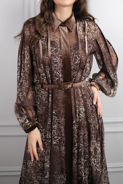 فستان بياقة قميص وحزام بتفاصيل مخمل وزخرفة شفافة -بني