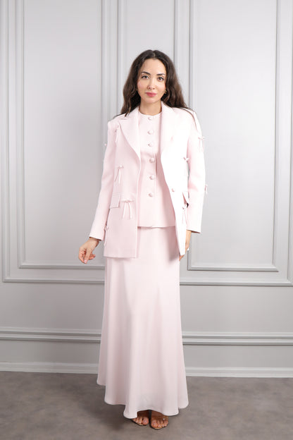 طقم تنورة وتوب وجاكيت بزينة فيونكات -بمبي