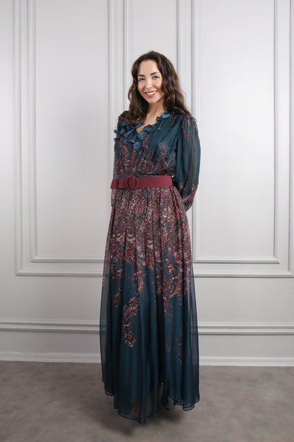 فستان شيفون بورود عالياقة ونقشات مع حزام مقاس كبير -كحلي