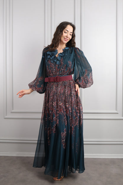 فستان شيفون بورود عالياقة ونقشات مع حزام مقاس كبير -كحلي