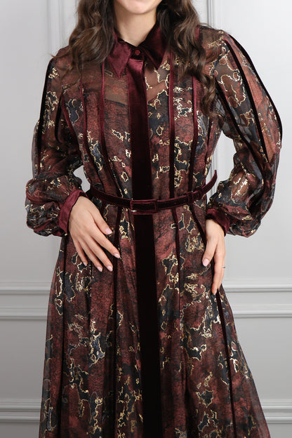 فستان شيفون بزخرفات ذهبية وتفاصيل مخملية مقاس كبير -عودي