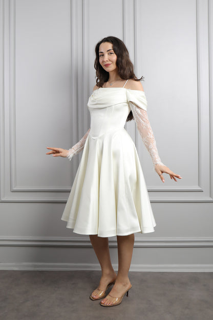 فستان سهرة ميدي ساتان مكشوف الاكتاف باكمام دانتيلية -سكري