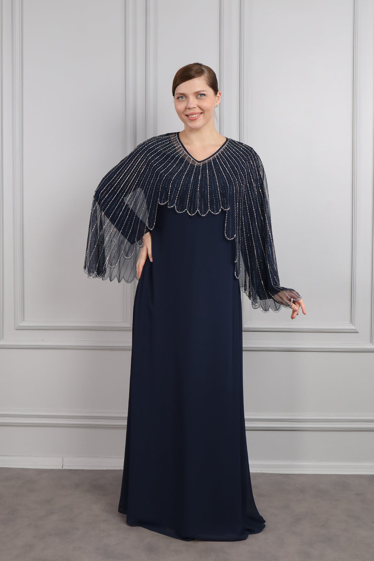 فستان مقاس كبير  بالتول في الاعلى مزخرف بالفصوص -كحلي