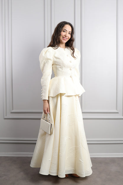 طقم تنورة وسترة باكمام منتفخة مع اكسسوار شنطة -سكري