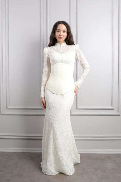 فستان سهرة خناقي بتفصيل كورسيه وتطريزات ترتر -بيج