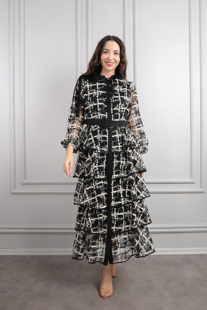 فستان بياقة ورود بتفاصيل طبقات مع حزام مقاس كبير -اسود ورمادي