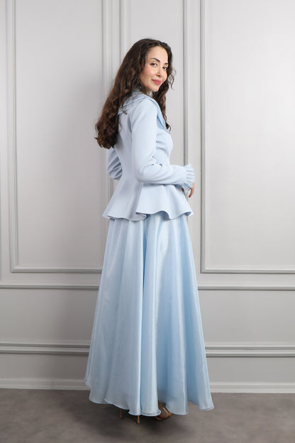 طقم تنورة وجاكيت بياقة اطفال تنربط -ازرق