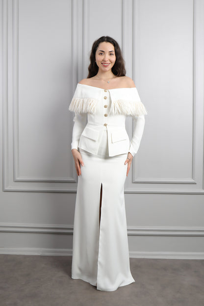 فستان سهرة مكشوف الاكتاف مزين بريش-سكري