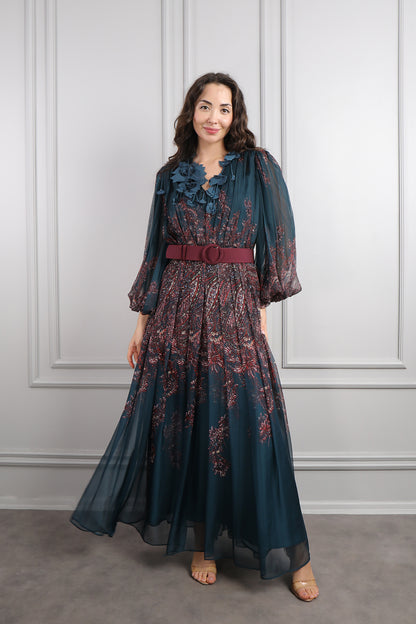 فستان شيفون بورود عالياقة ونقشات مع حزام مقاس كبير -كحلي