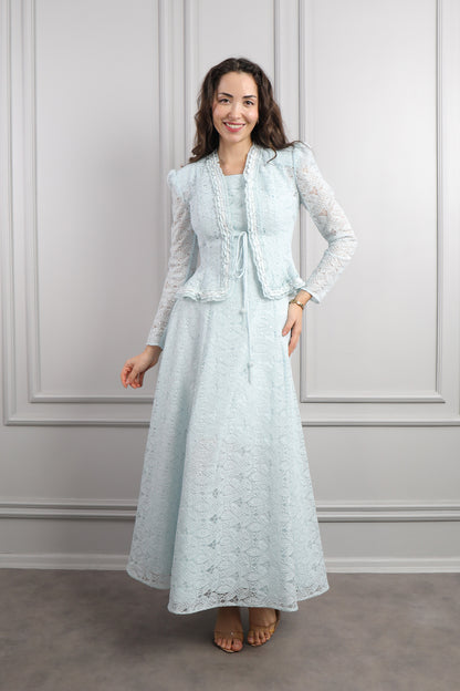 طقم فستان وجاكيت مع اكسسوار شنطة -ازرق