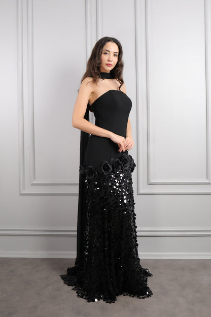 فستان سهرة سترابلس بزينة ورود وترتر مع شال -اسود