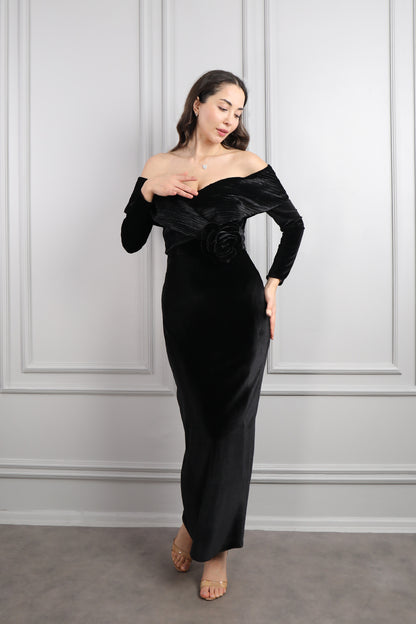 فستان سهرة مخملي مكشوف الاكتاف -اسود