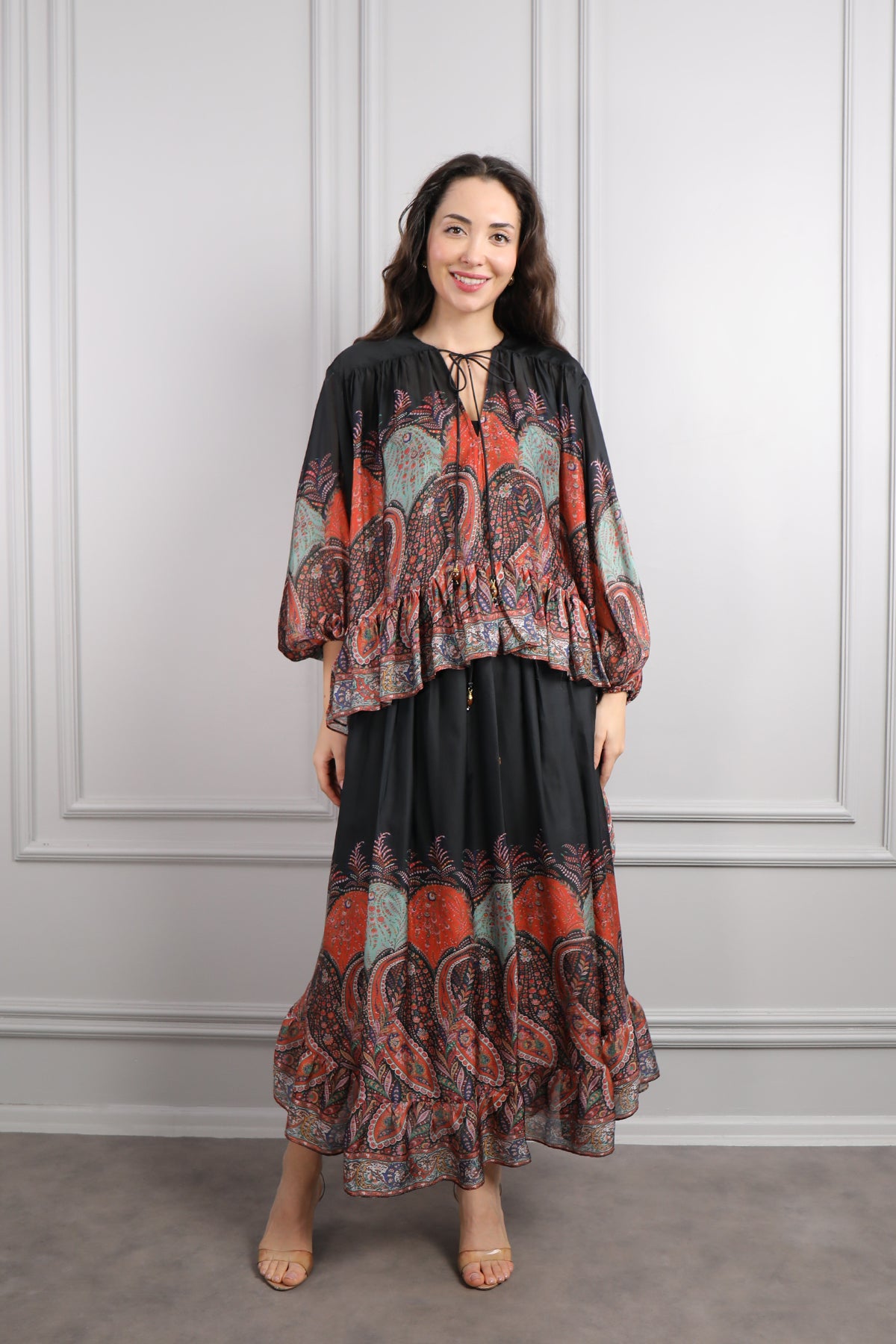 طقم تنورة وبلوزة شيفون مزين بالنقشات -برتقالي