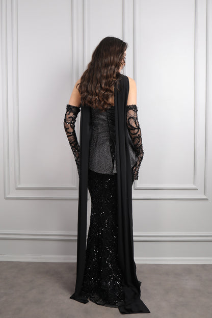 فستان سهرة سترابلس لامع بتطريزات ترتر مع شال شيفون -اسود