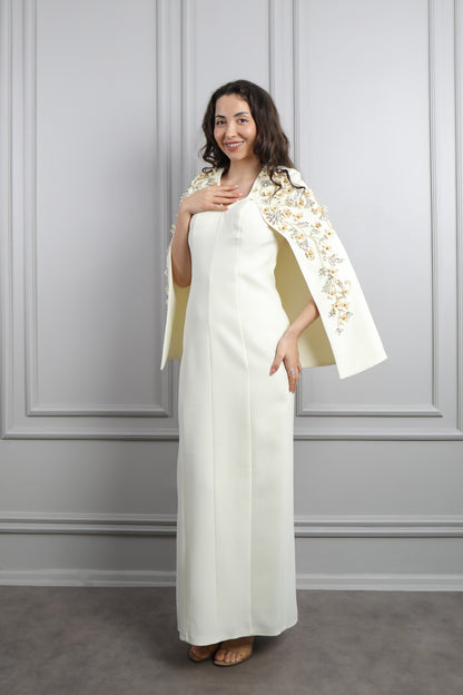 فستان سهرة بتفصيل كايب عالكتف بتطريزات كريستالية مقاس كبير -سكري