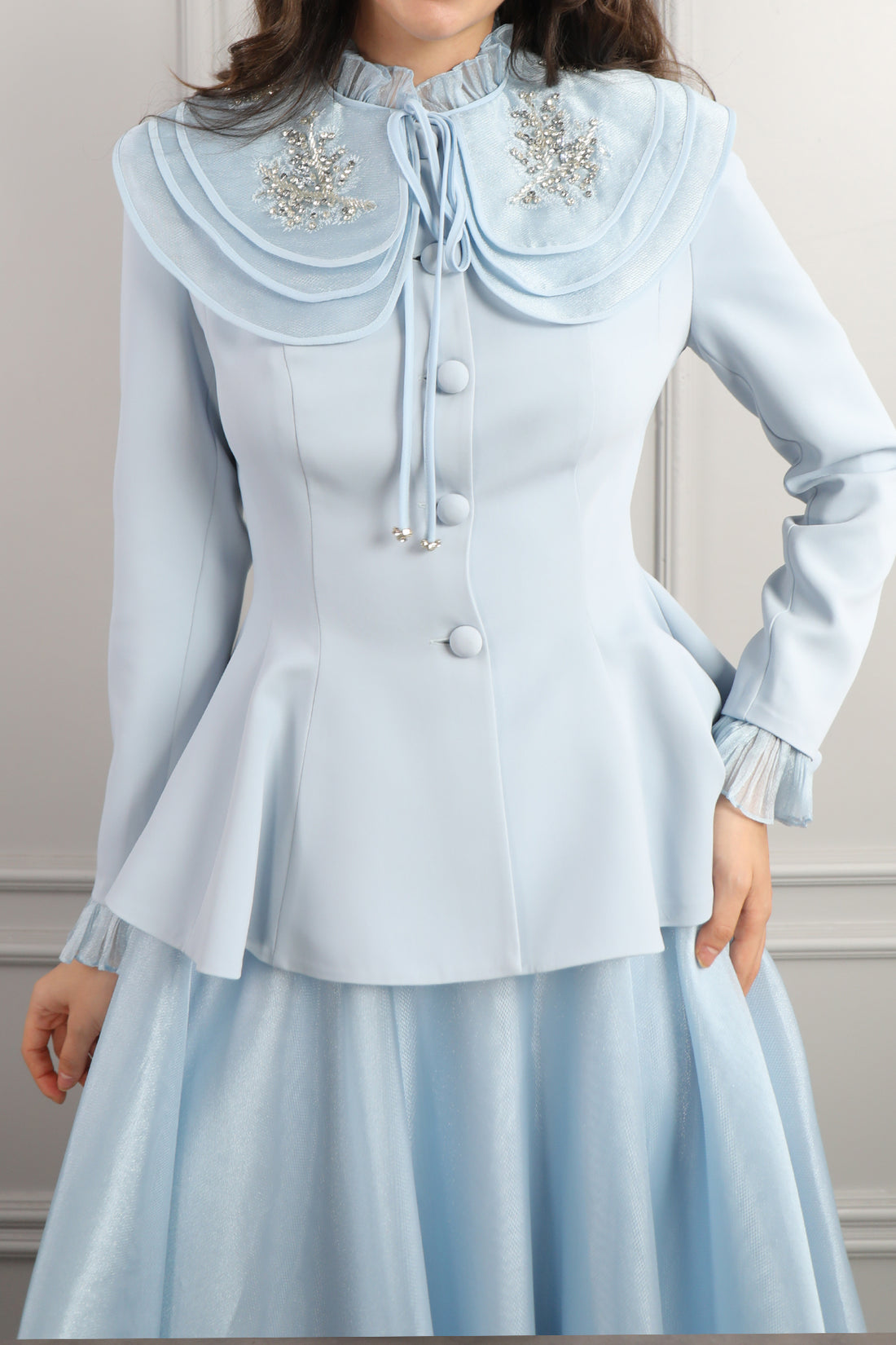 طقم تنورة وجاكيت بياقة اطفال تنربط -ازرق