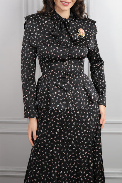 طقم تنورة وبلوزة ساتان مزخرف ورود بياقة تنربط -اسود