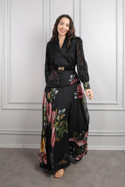 فستان شيفون مزين بالورود باكمام دانتيلية شفافة مقاس كبير -اسود