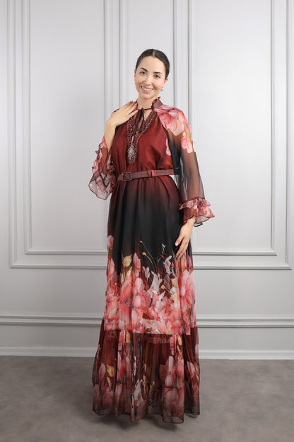 فستان شيفون مزين بنقشات ورود وتطريزات خرزية مقاس كبير -عودي