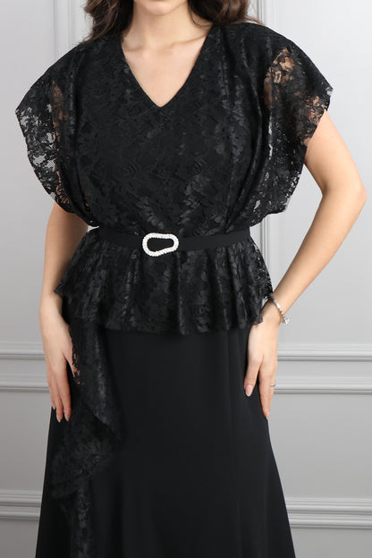 فستان بتفاصيل دانتيلية باكمام واسعة مقاس كبير -اسود