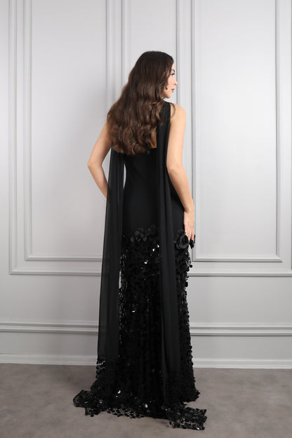 فستان سهرة سترابلس بزينة ورود وترتر مع شال -اسود