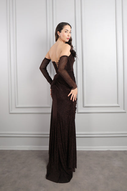 فستان سهرة لامع بتصميم سترابلس مزين بالورود مع اكمام متحركة -بني