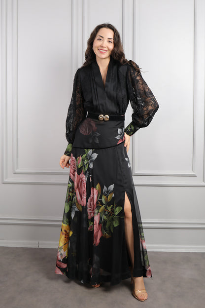 فستان شيفون مزين بالورود باكمام دانتيلية شفافة مقاس كبير -اسود