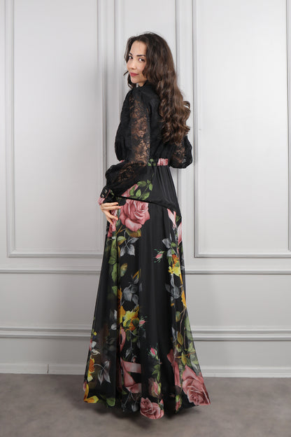 فستان شيفون مزين بالورود باكمام دانتيلية شفافة مقاس كبير -اسود