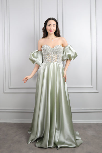 فستان سهرة ساتان سترابلس باكمام بالون وتطريزات كريستالية -اخضر