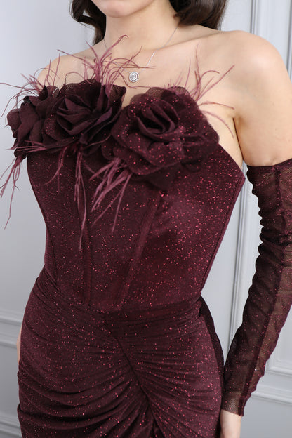 فستان سهرة لامع بتصميم سترابلس مزين بالورود مع اكمام متحركة -عودي