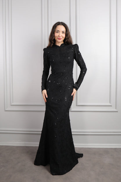 فستان سهرة خناقي بتفصيل كورسيه وتطريزات ترتر -اسود