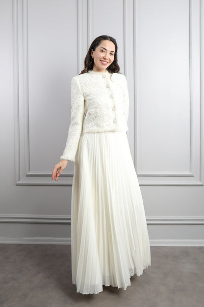 طقم فستان بتكسيرات وجاكيت بتفاصيل لامعة -سكري