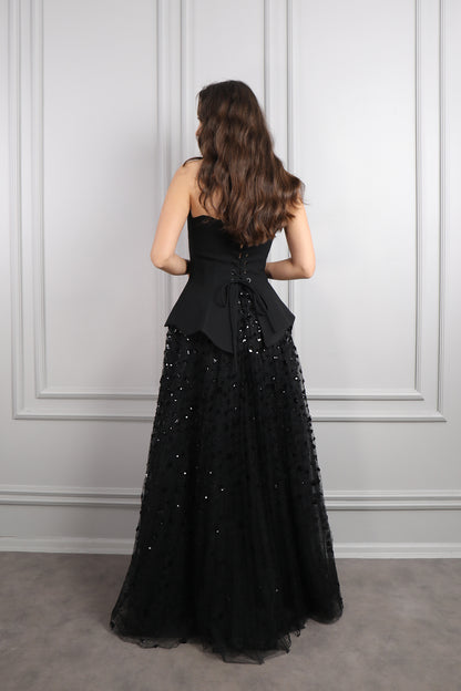 طقم تنورة تول وتوب بتصميم كورسيه -اسود