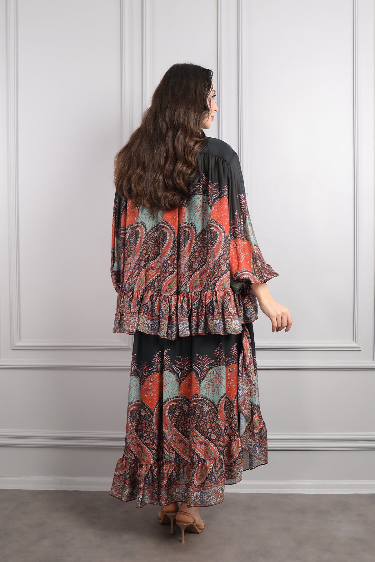 طقم تنورة وبلوزة شيفون مزين بالنقشات -برتقالي