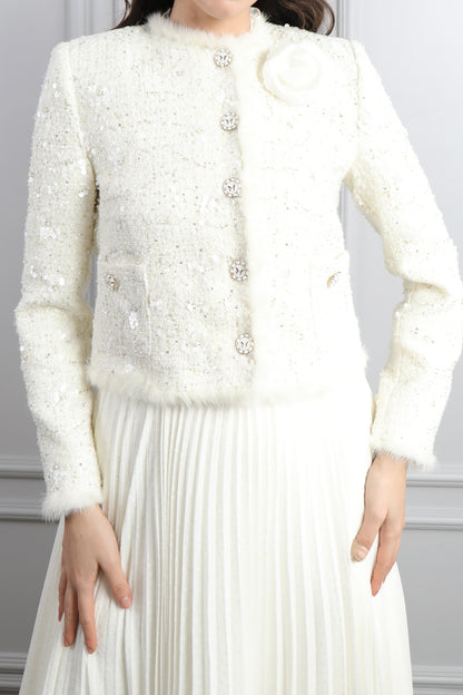 طقم فستان بتكسيرات وجاكيت بتفاصيل لامعة -سكري