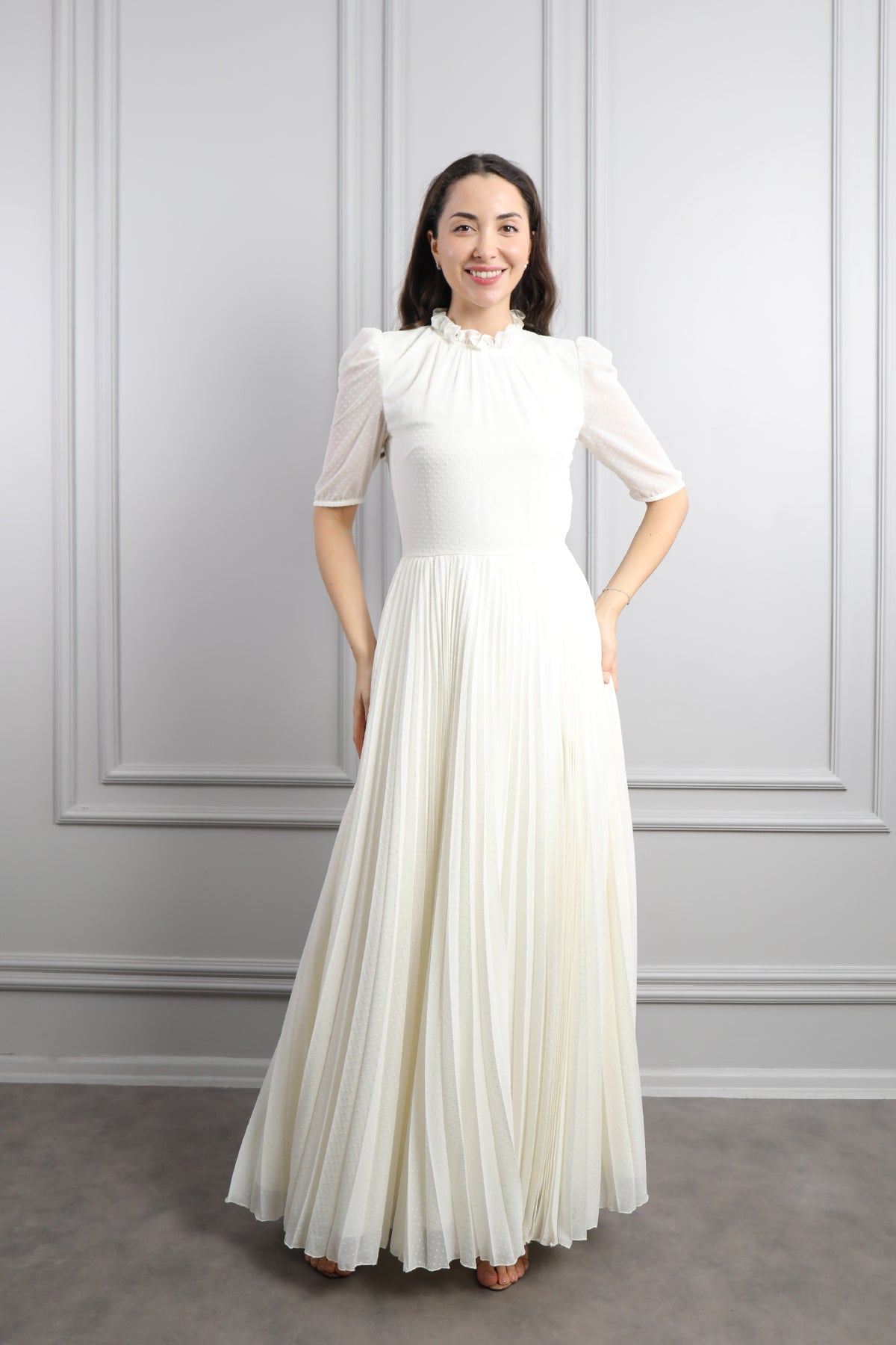 طقم فستان بتكسيرات وجاكيت بتفاصيل لامعة -سكري