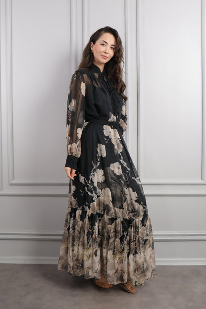 فستان شيفون بزينة ورود مطرز بالخرز عالياقة مقاس كبير -اسود وبيج