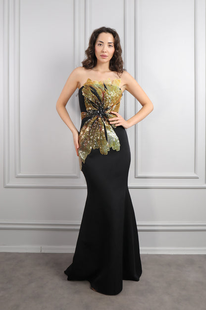 فستان سهرة سترابلس بزينة وردة امامية -اسود