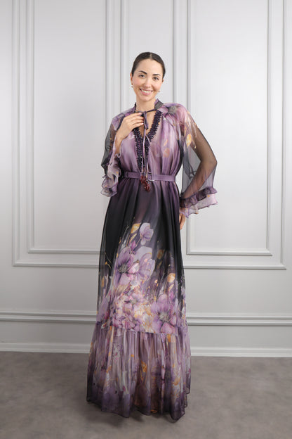 فستان شيفون مزين بنقشات ورود وتطريزات خرزية مقاس كبير -ارجواني