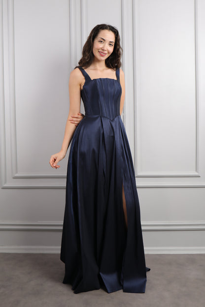 فستان سهرة بياقة مربعة بتفصيل كورسيه وفتحة جانبية -كحلي