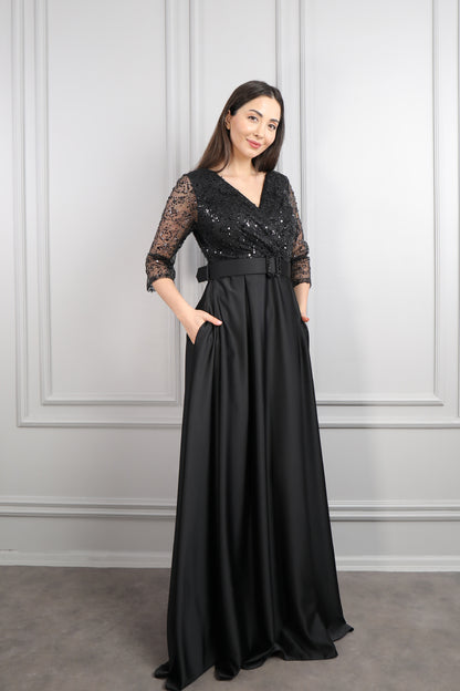 فستان سهرة ساتان بجزء علوي مطرز مع حزام عالخصر مقاس كبير -اسود
