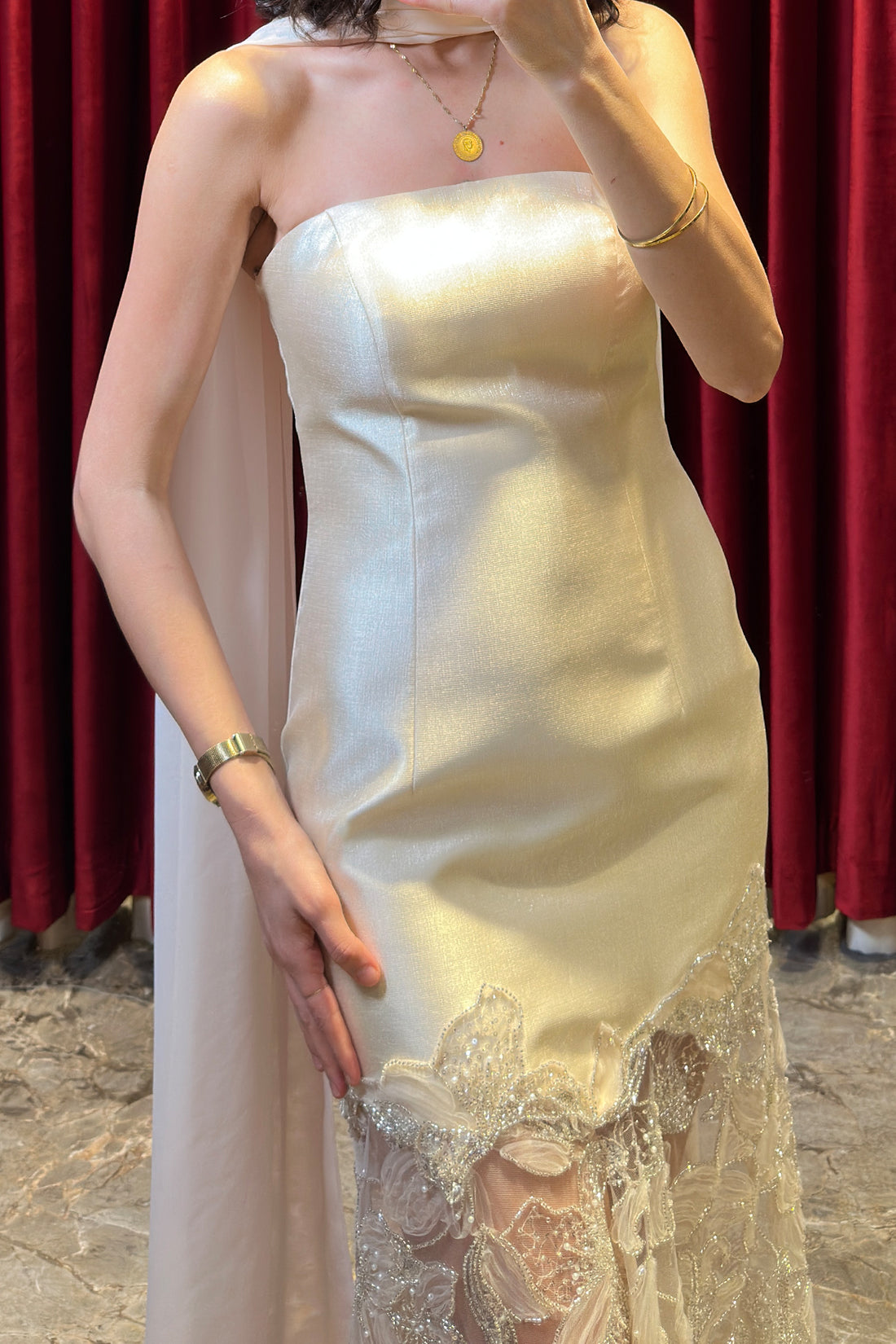 Strapless Evening Gown With A Sheer Floral-Print Scarf Detail