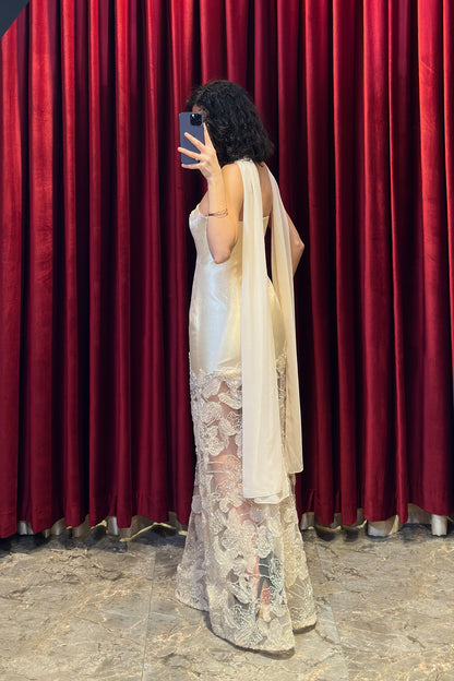 Strapless Evening Gown With A Sheer Floral-Print Scarf Detail