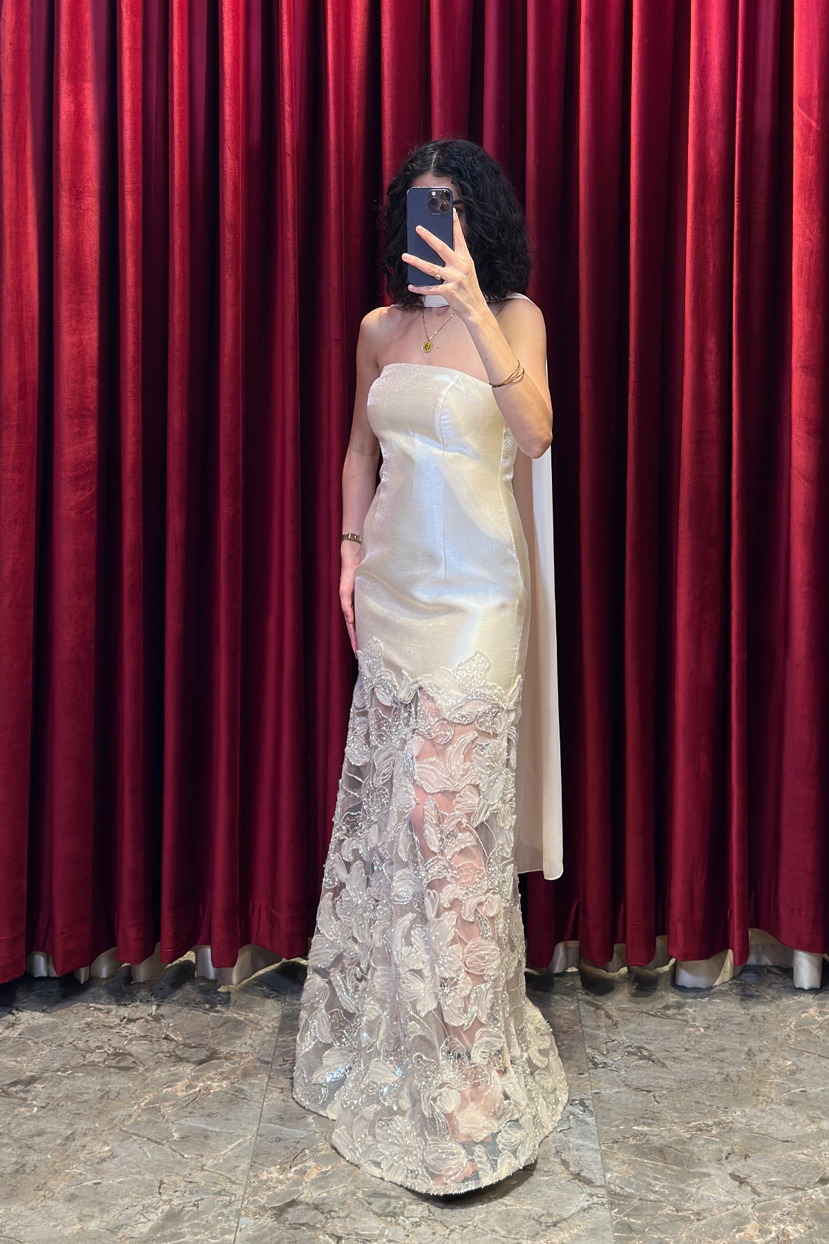 Strapless Evening Gown With A Sheer Floral-Print Scarf Detail