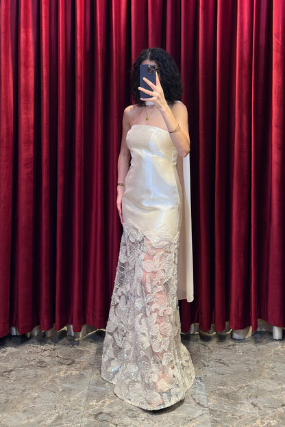 Strapless Evening Gown With A Sheer Floral-Print Scarf Detail