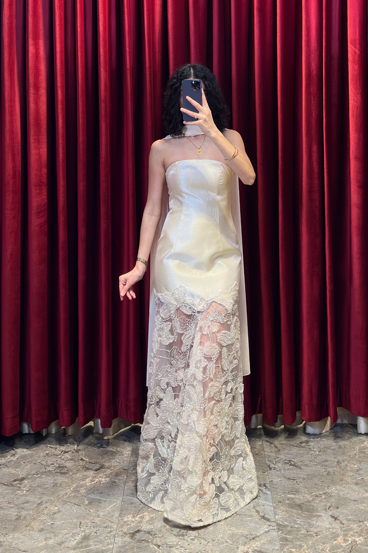 Strapless Evening Gown With A Sheer Floral-Print Scarf Detail